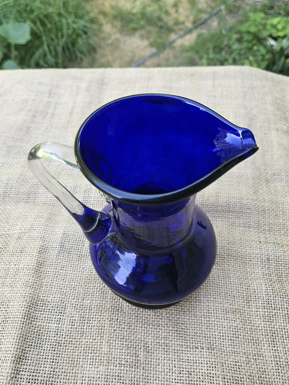 Cobalt Blue Art Glass Pitcher with Clear Handle Makes a Nice Vase - Picture 8 of 12
